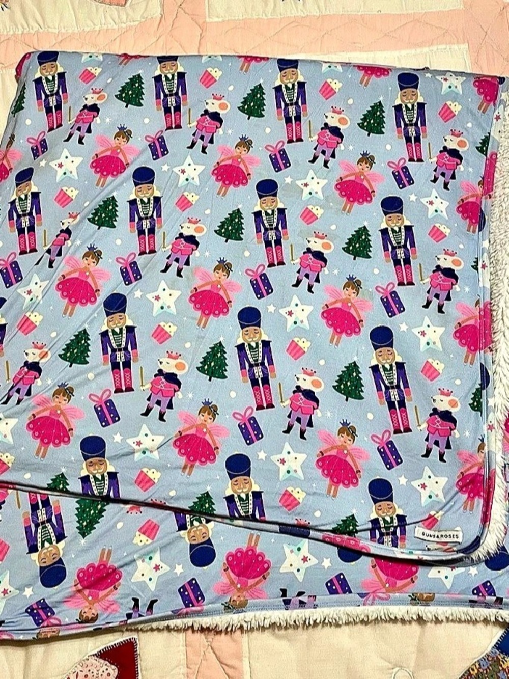 Bums & Roses Christmas Nutcracker Fleece Blanket Blue & Pink